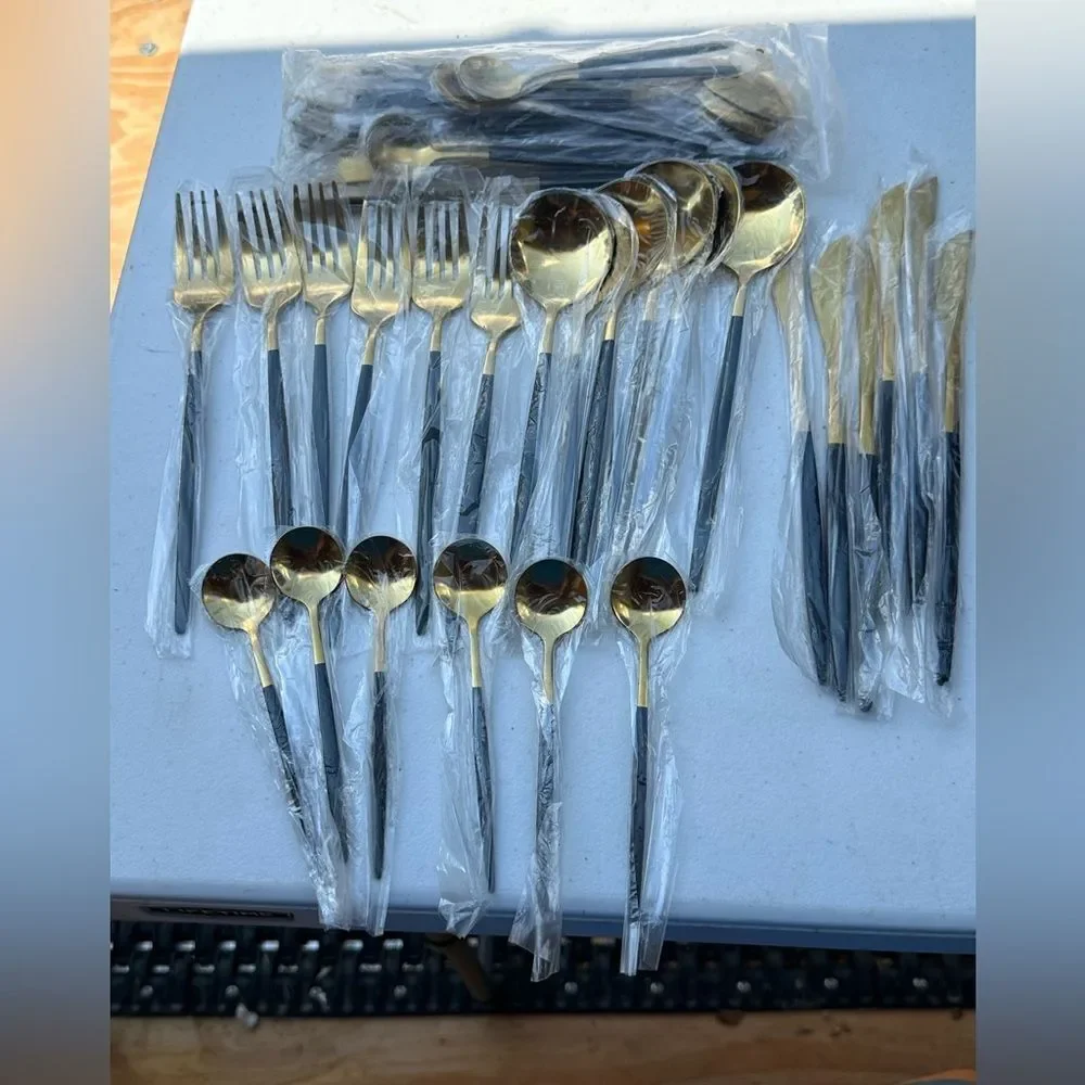 12 place setting Elegant Gold and Black Cutlery Set